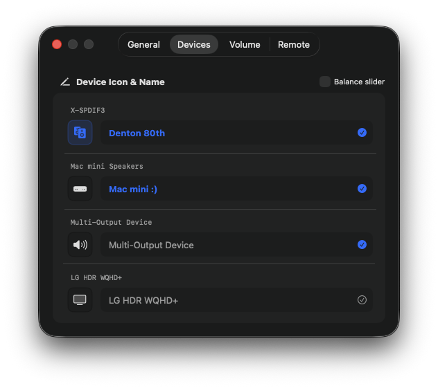 Audio Selector Custom Names & Icons settings