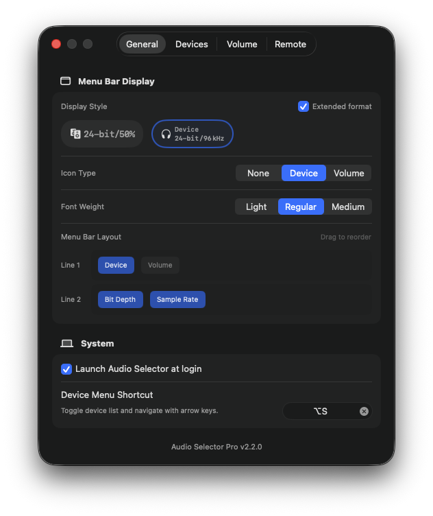 Audio Selector Menu Bar Display settings