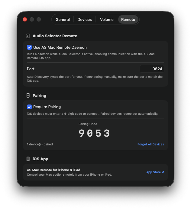 Audio Selector iOS Remote settings