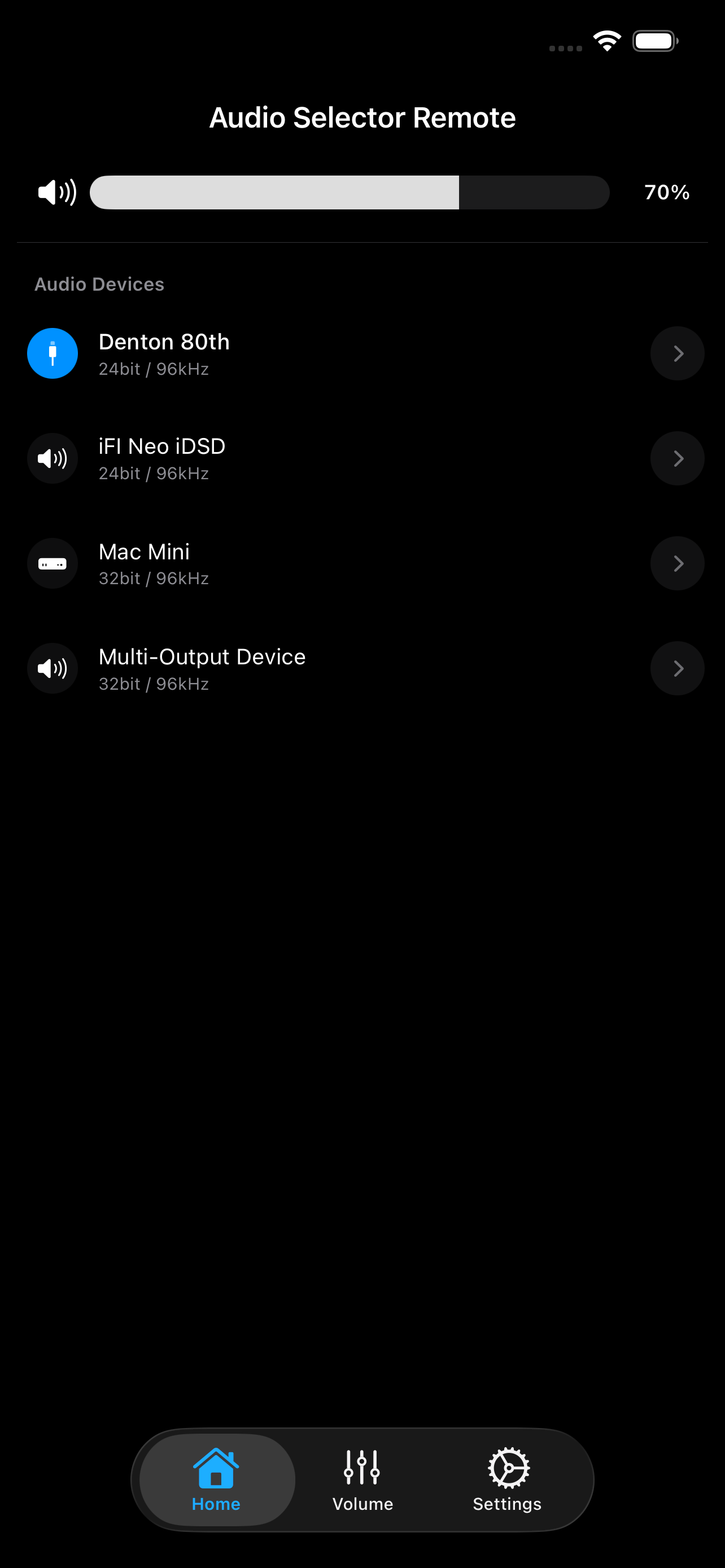 Audio Selector Remote app showing audio devices list