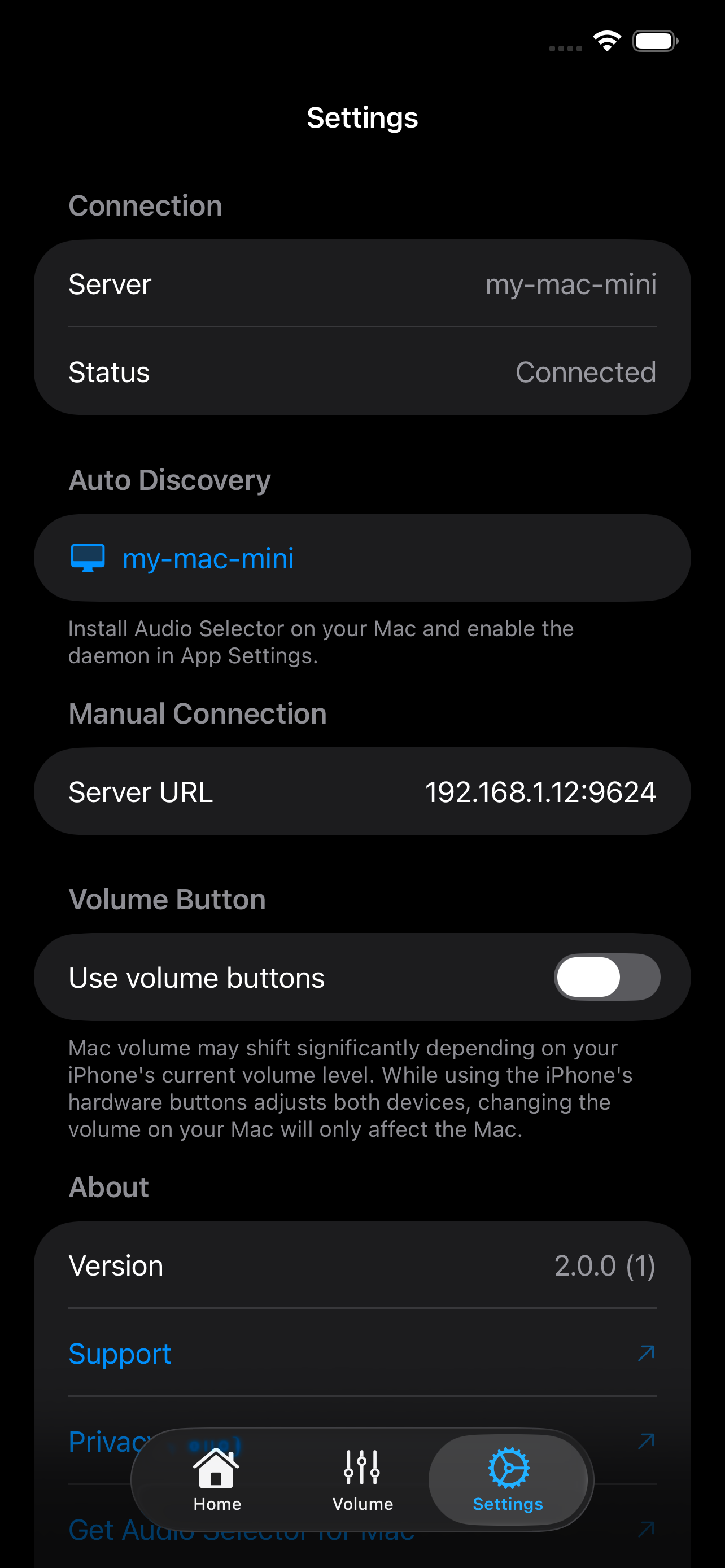 Audio Selector Remote app settings screen
