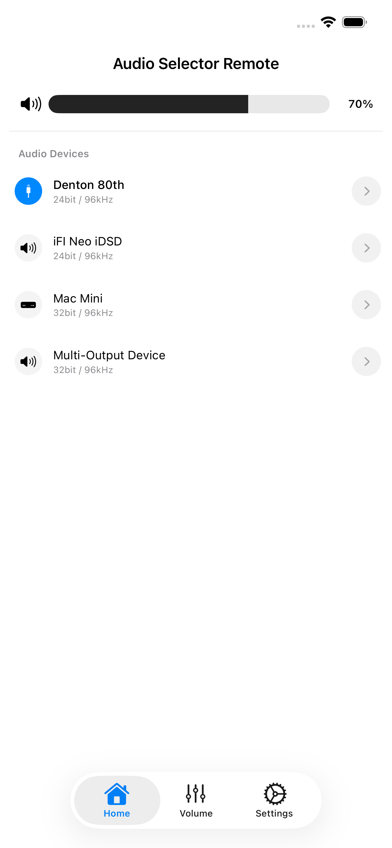 Audio Selector Remote app showing audio devices list