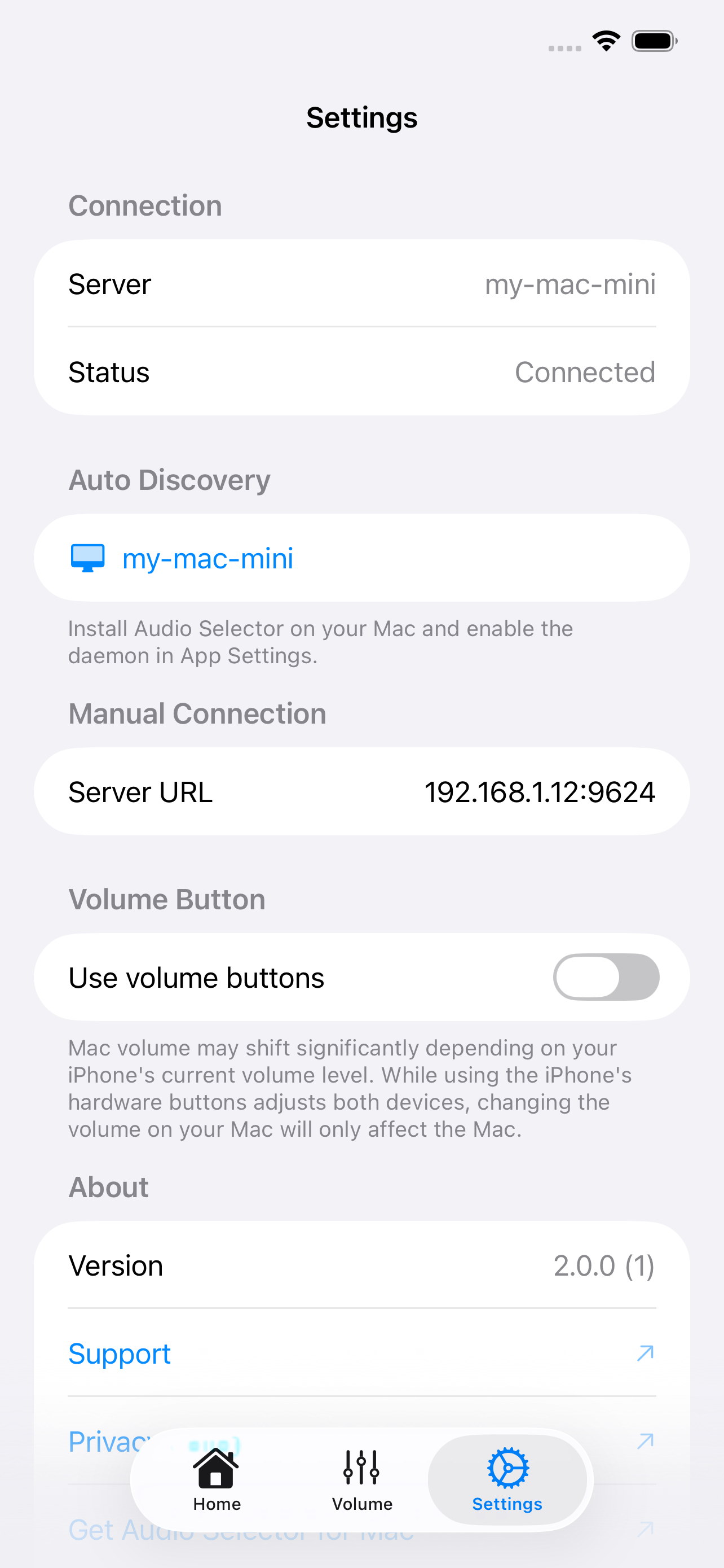 Audio Selector Remote app settings screen
