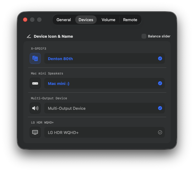 Audio Selector Custom Names & Icons settings