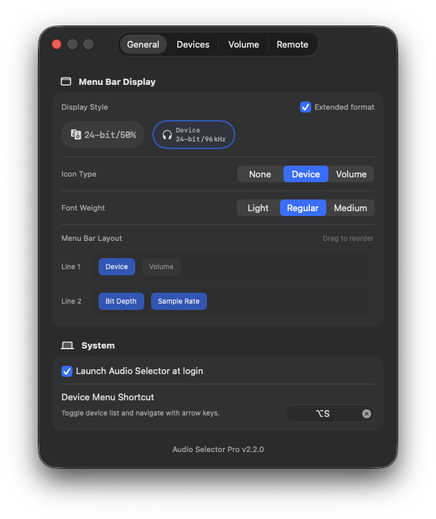 Audio Selector Menu Bar Display settings
