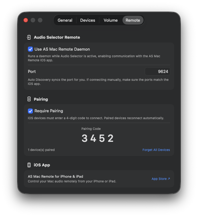 Audio Selector iOS Remote settings