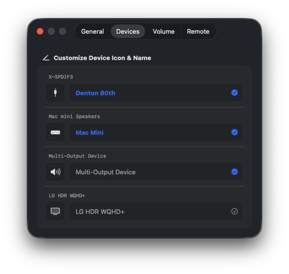 Audio Selector Custom Names & Icons settings