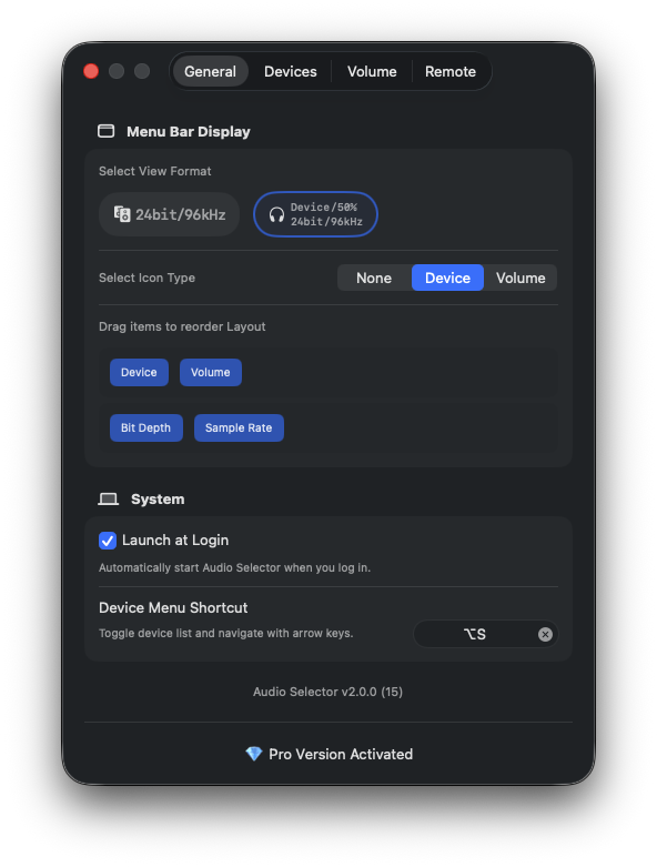 Audio Selector Menu Bar Display settings