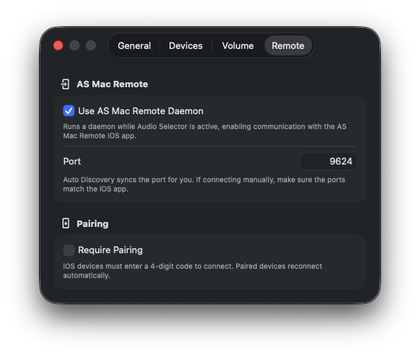 Audio Selector iOS Remote settings